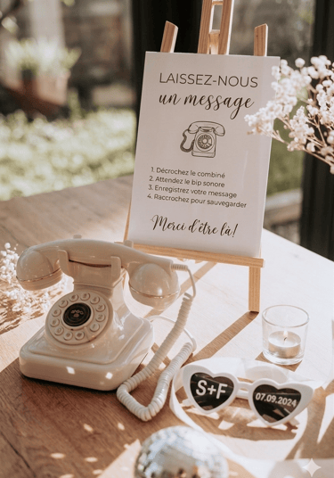 Vintage rotary audio guest book phone with French instruction sign for wedding reception messages.
