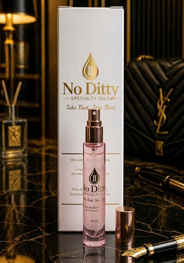 No Ditty luxury perfume spray and matching white and gold branded packaging for the women’s collection.