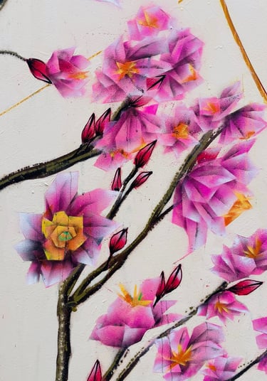 une peinture avec des fleurs rose et orange