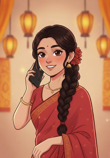 Beautiful South Asian woman in red saree and gold jewelry talking on smartphone; festive Indian fest