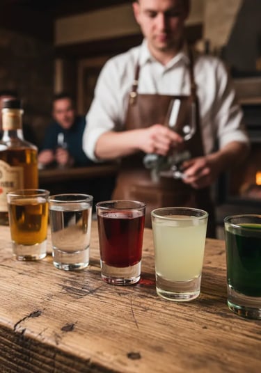 Bartender preparing shot flights at a lively après ski bar in St. Anton ski resort nightlife.