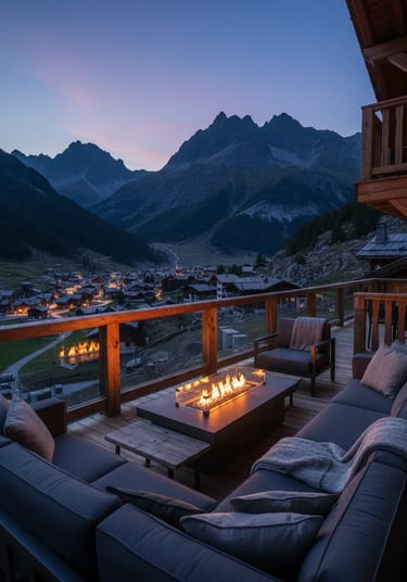 A cozy outdoor balcony lounge with a modern fire pit table and grey sofas, overlooking a lit-up alpi