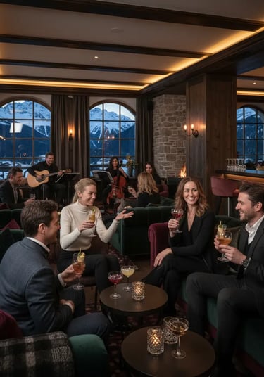 Sophisticated indoor hotel lounge in Val Gardena featuring elegant guests enjoying evening drinks in