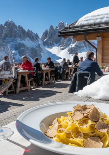 Gourmet truffle pasta served on a sunny outdoor terrace at a luxury mountain hut in Val Gardena, Ita
