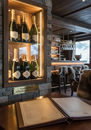 Premium Champagne bottles displayed in a backlit glass cabinet at a luxury après-ski bar in Val Gard