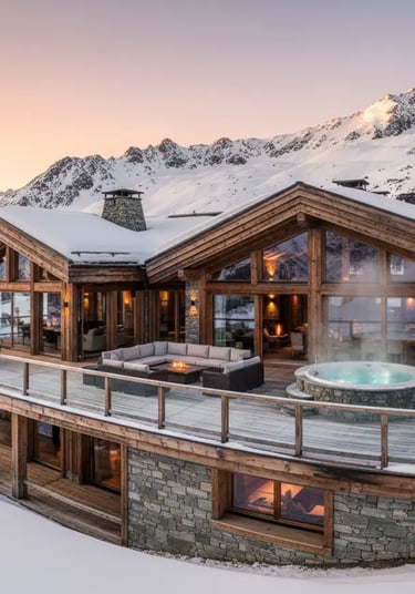 A luxury wooden mountain chalet at sunset featuring a spacious terrace with an outdoor hot tub and a
