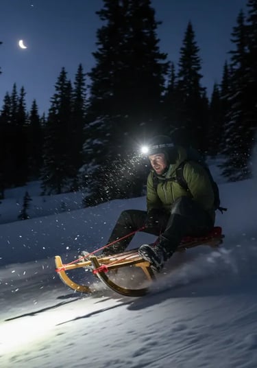 Thrilling night sledding down a snowy run in St. Anton illuminated by a headlamp.