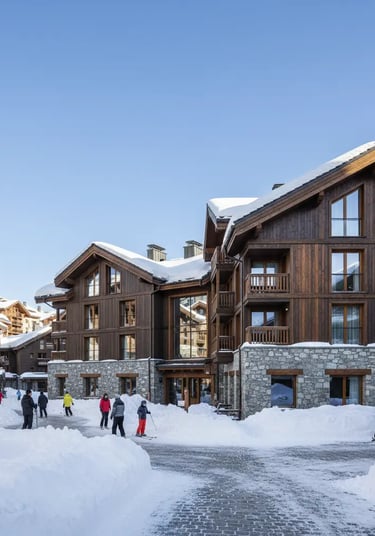 A modern multi-story alpine hotel with traditional wooden architecture and guests in ski gear standi