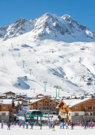 A vibrant ski resort village at the base of a massive, snow-capped mountain peak with ski lifts and 