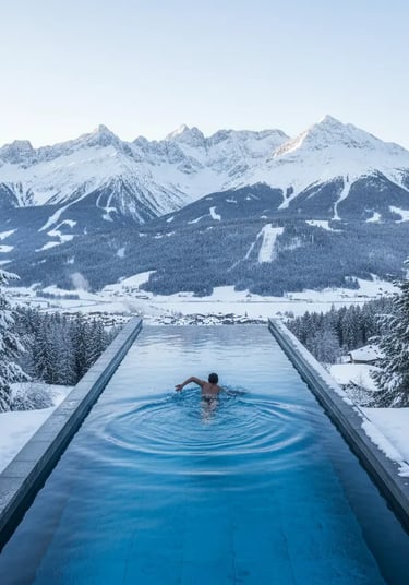 Luxury heated outdoor infinity pool in Val Gardena with a panoramic view of the snowy Dolomite mount