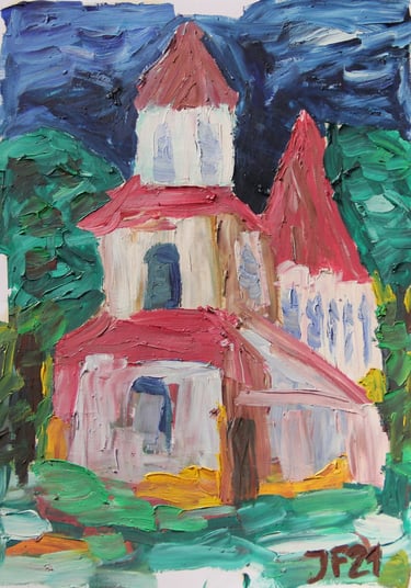 a painting of a church with a red roof