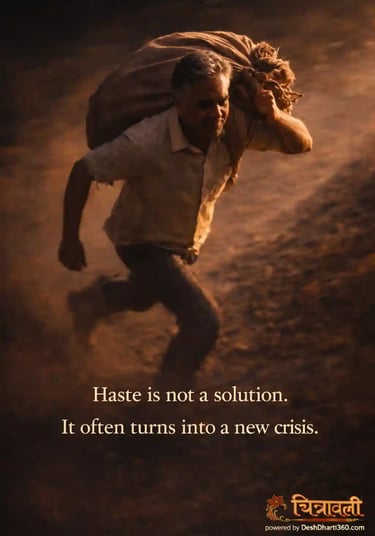 Indian man running on a rough road carrying a heavy load, motion blur showing urgency, struggle and burden.