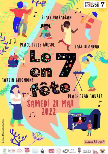 Affiche illustrée représentant le 7e arrondissmeent de Lyon avec des personnages faisant des activités artistiques