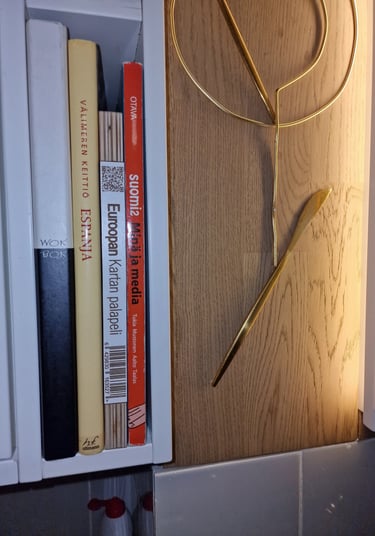 Finnish Wooden Map Puzzle on a shelf next to a decorative brass wall sculpture.