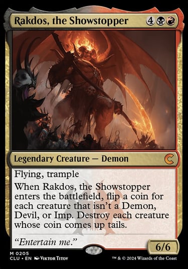 Magic: The Gathering card for Rakdos, the Showstopper, a legendary creature demon with flying and trample.