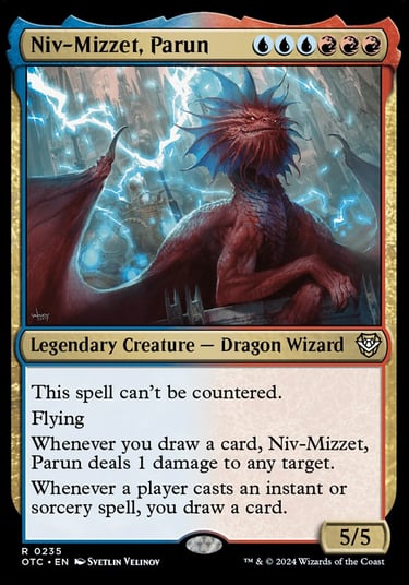 Niv-Mizzet, Parun Magic: The Gathering card featuring a red dragon wizard and blue lightning.