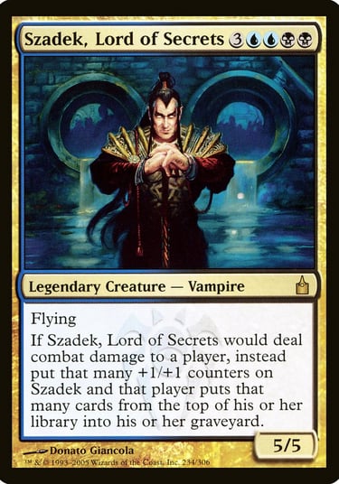 Szadek, Lord of Secrets Magic: The Gathering card featuring a blue and black vampire legendary creature.