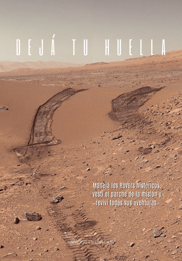 paisaje de marte con huellas de rover. se lee "dejá tu huella"