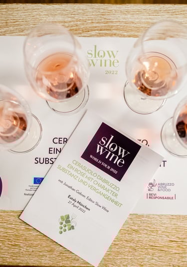 Table with 4 glasses of rosé spread out in a semi-circle on a white tasting mat