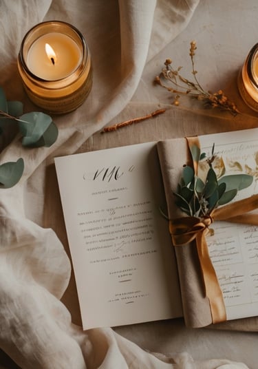 Flat lay accessoires mariage : sandales dorées, menu calligraphié