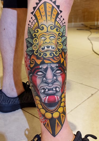 Pre Colombus God - Peruvian Moche culture. Katarsis Tattoo, premium studio in Miraflores
