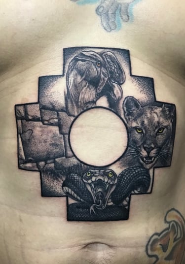 Andean trilogy and cross Chacana tattoo. top tattoo artist in Miraflores Lima