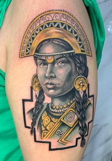 Inca princess tattoo on the arm of a woman. Created in Miraflores for international client.