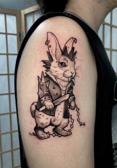 punk music fanatic rabbit with leather jacket and chains. 