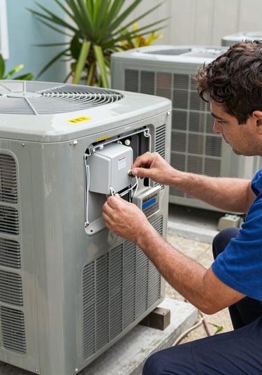A skilled HVAC technician carefully installing a sleek air conditioning unit in a modern South Florida home.