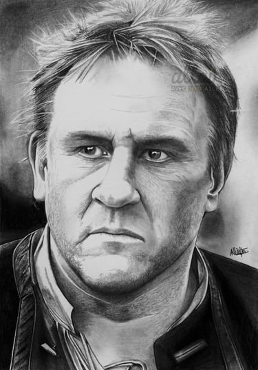 Portrait dessiné en noir et blanc de Gérard Depardieu