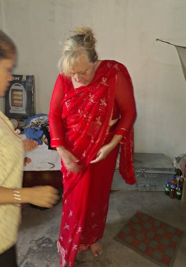 learning to wear a sari in Thakurdwara