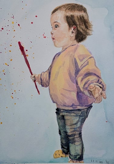 Peuter met toverstaf, kunstig portret in waterverf. Gepersonaliseerd door Studio FloraRoos