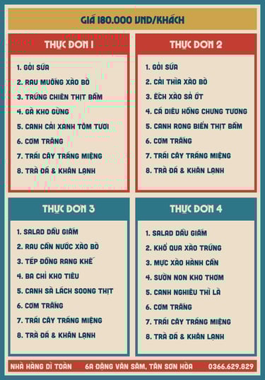 Thực đơn cơm đoàn tại nhà hàng Bếp Dì Toàn - Nhà hàng ngon gần sân bay Tân Sơn Nhất