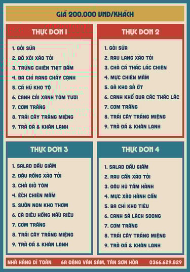 Thực đơn cơm đoàn tại nhà hàng Bếp Dì Toàn - Nhà hàng ngon gần sân bay Tân Sơn Nhất