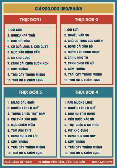 Thực đơn cơm đoàn tại nhà hàng Bếp Dì Toàn - Nhà hàng ngon gần sân bay Tân Sơn Nhất