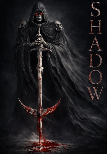 Dark fantasy hooded shadow figure with glowing red eyes holding a bloody gothic sword.