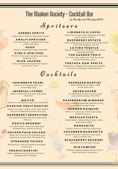 Event cocktail menu with spritzers and signature drinks for mobile bar hire
