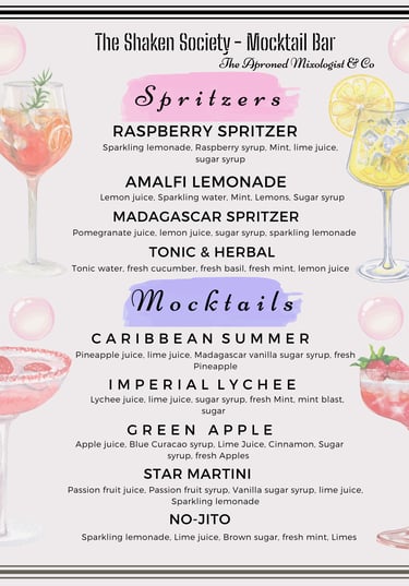 Cocktail and mocktail menu for professional mobile bar hire at weddings and events