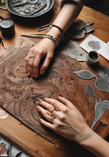 Close-up of handcrafted leather earrings and a painted pet portrait displayed on a rustic wooden table.