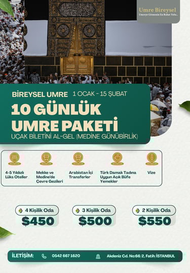 bireysel umre ocak şubat paketi. bireysel umre otel, yemek, vize, ulaşım, sigorta hizmetleri