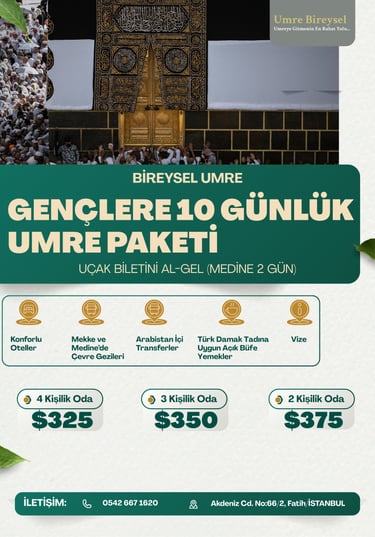 bireysel umre genç paketi. bireysel umre otel, yemek, vize, ulaşım, sigorta hizmetleri