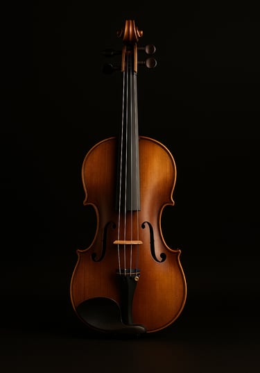 Violino clássico em madeira sobre mesa escura com iluminação quente e suave