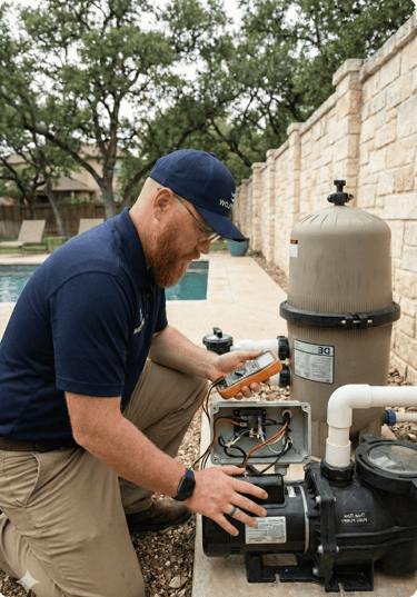 A professional pool technician inspects a pool pump and filter system during a repair diagnostic.