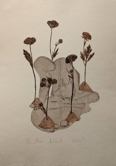 Terre quatre éléments nue gravure Tetrapak monotype