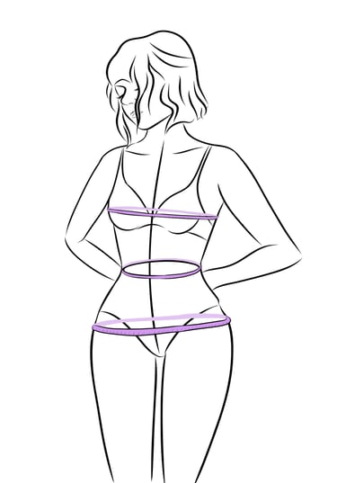 drawing of measurement guide dress sizing, bust, waist and hip.