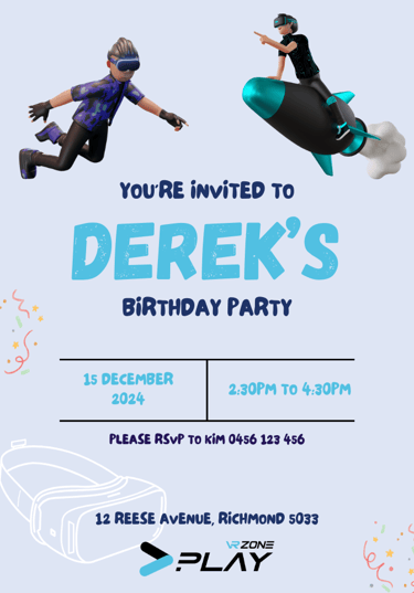Blue invitation sample for a boy's birthday for VR Zone Play