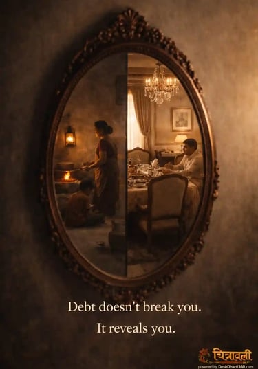 Indian household reflected in a mirror showing simple life and luxury contrast, symbolic view of debt and truth.