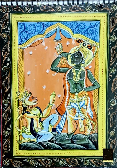pattachitra art of ramayana depicting scenes of hindu god rama and his devotee hanuman