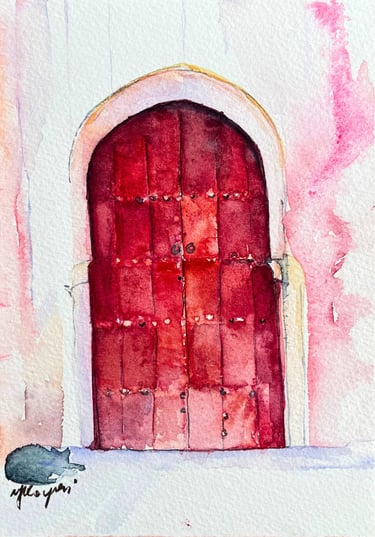 sleeping cat and old red moroccan door watercolor by weronika kacperski