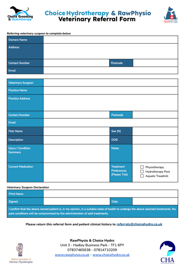 rawphysio and choice hydrotherapy referral form